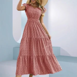 European and American – women’s dress  hot V-neck high-waist printed layered short-sleeved dress floral