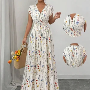Women’s Ditsy Floral V-Neck Sleeveless Waisted Maxi Dress