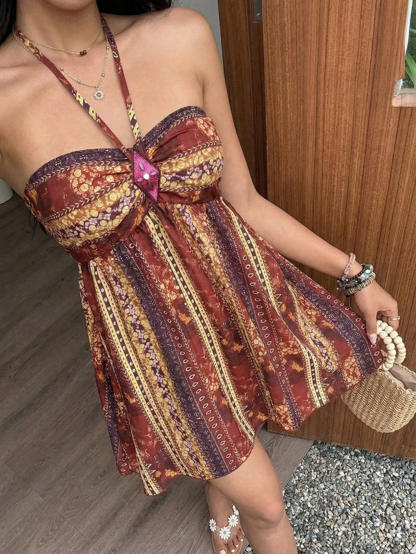 Bohemian Retro Paisley Print Sequin Rhombus Halter Mini Dress For Women Spring Summer - Image 5