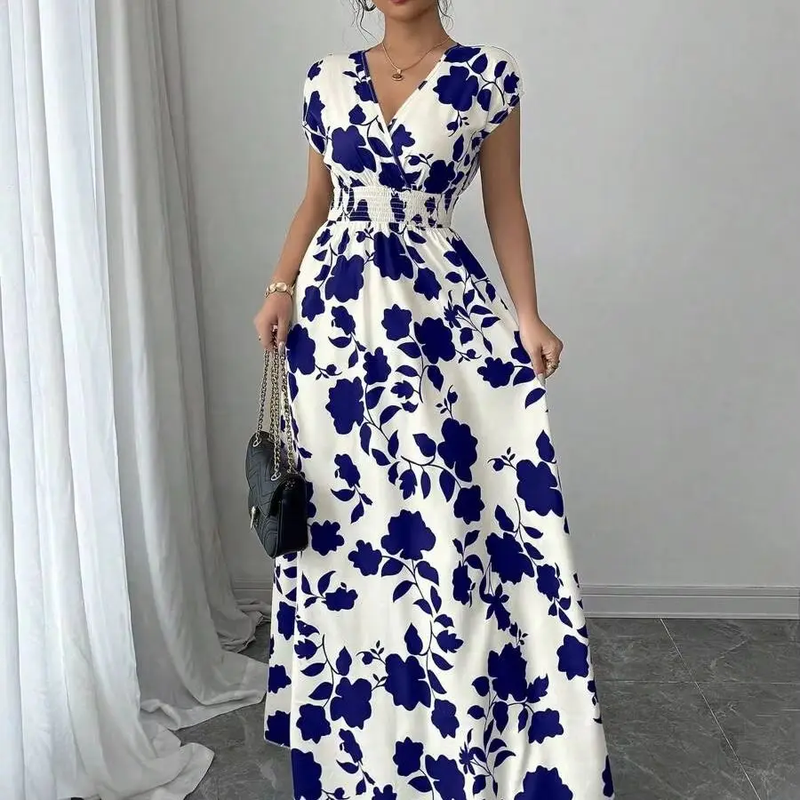 Women's Ditsy Floral V-Neck Sleeveless Waisted Maxi Dress - Image 6