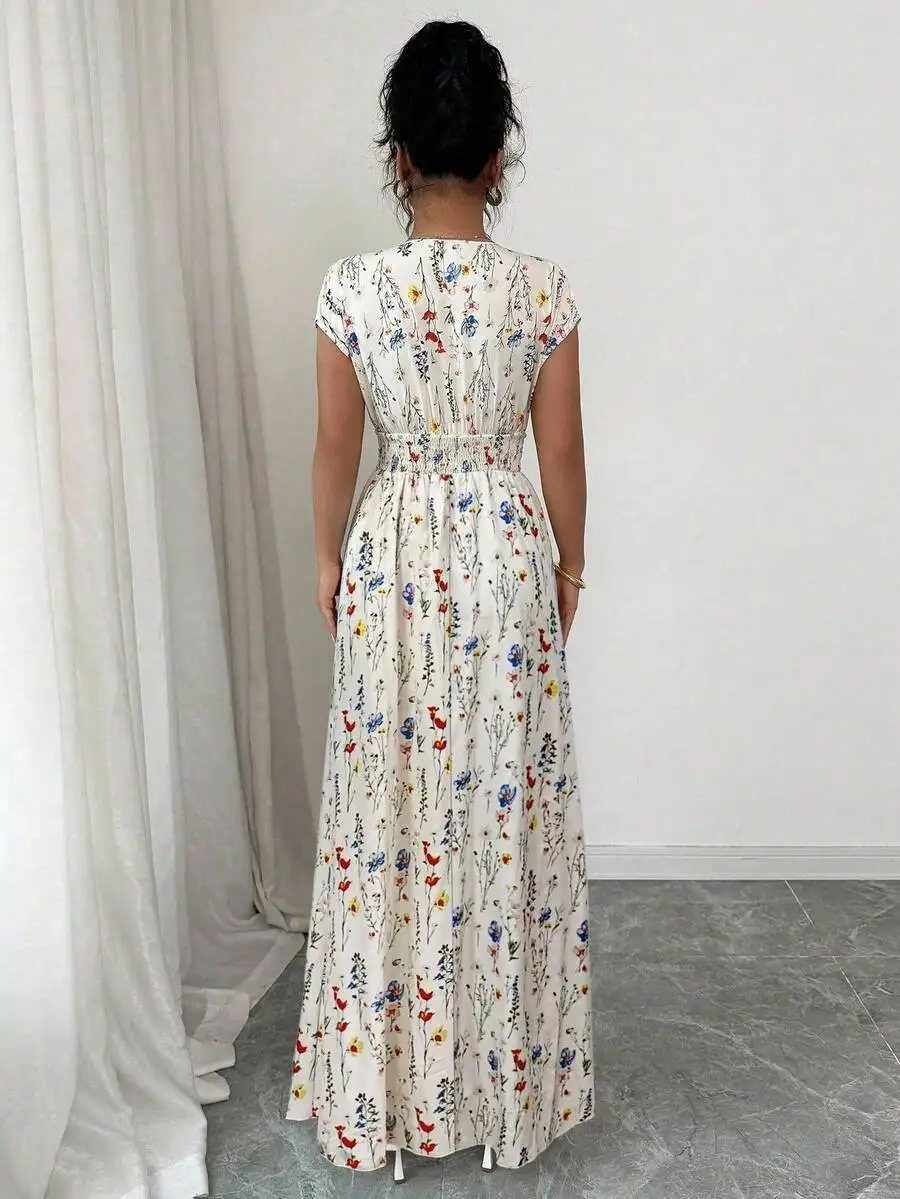 Women's Ditsy Floral V-Neck Sleeveless Waisted Maxi Dress - Image 2