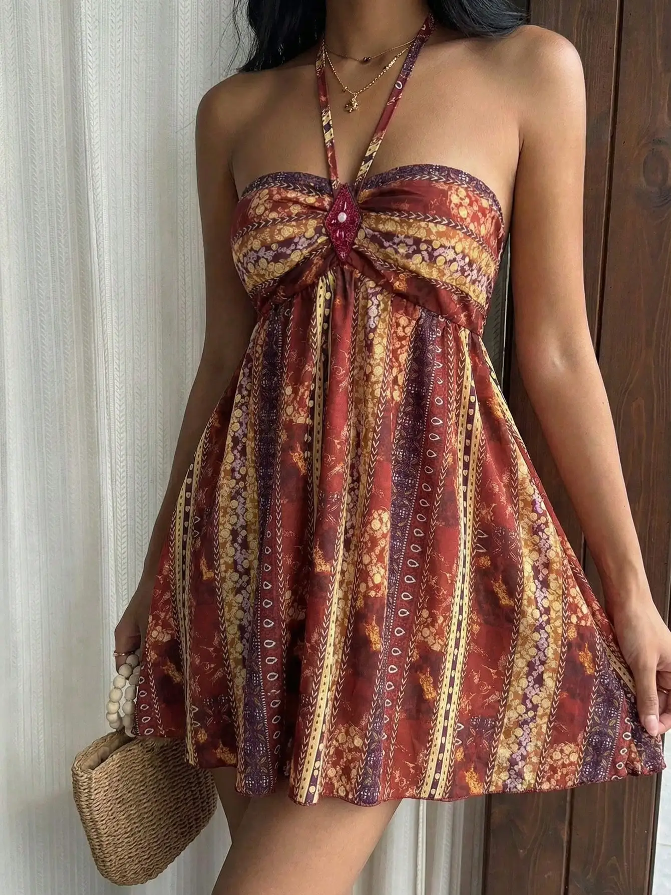Bohemian Retro Paisley Print Sequin Rhombus Halter Mini Dress For Women Spring Summer - Image 6