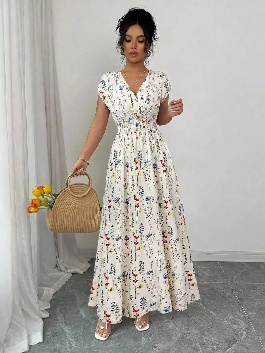 Women's Ditsy Floral V-Neck Sleeveless Waisted Maxi Dress - Image 7