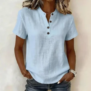 Women Casual Short Sleeve Linen Blend Top Henley Neck Button Front Relaxed Fit Blouse Summer
