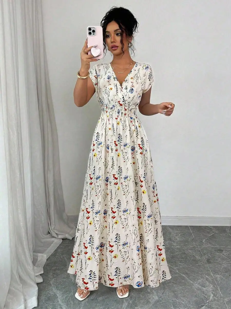 Women's Ditsy Floral V-Neck Sleeveless Waisted Maxi Dress - Image 5