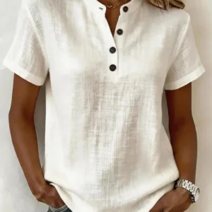 Women Casual Short Sleeve Linen Blend Top Henley Neck Button Front Relaxed Fit Blouse Summer