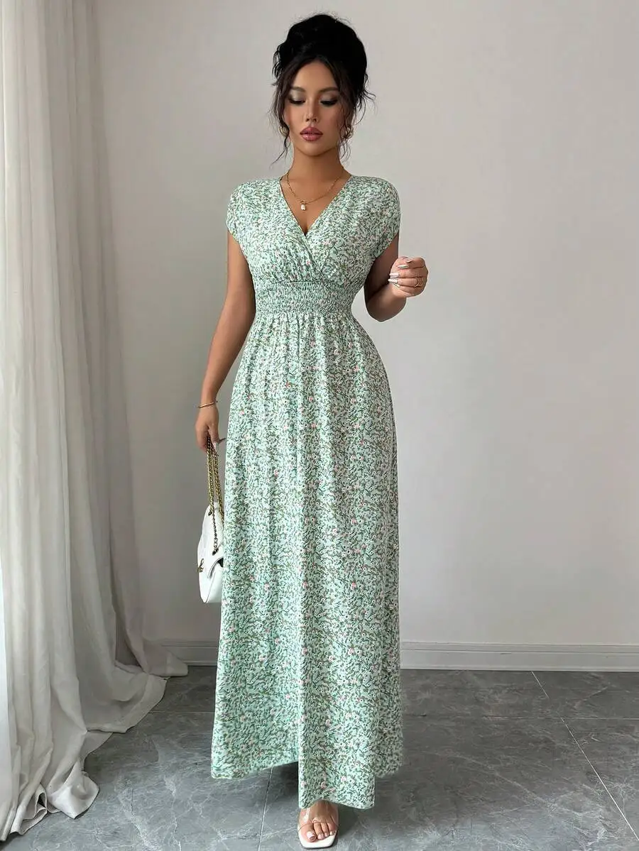 Women's Ditsy Floral V-Neck Sleeveless Waisted Maxi Dress - Image 8