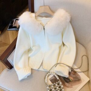 Fur-Collar Hooded Knit Cardigan