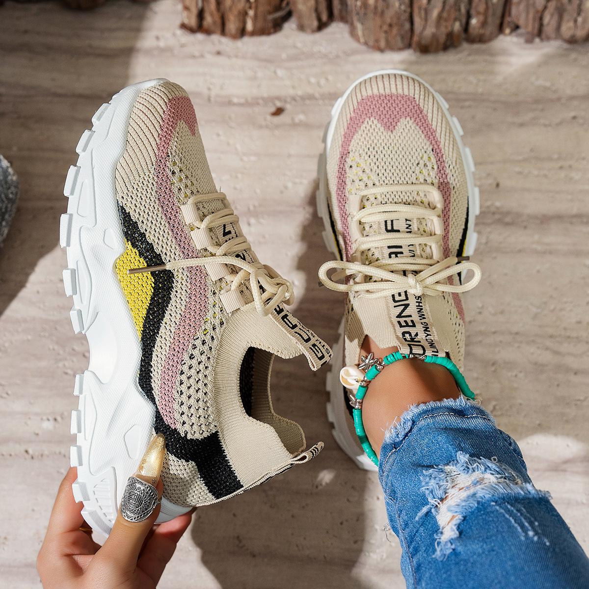 Women's Mesh Lace-Up Sneakers in Khaki Pink