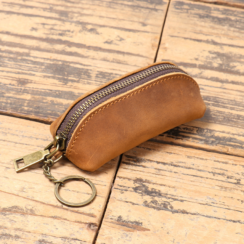 Leather Zip Coin Pouch in Brown Yellow