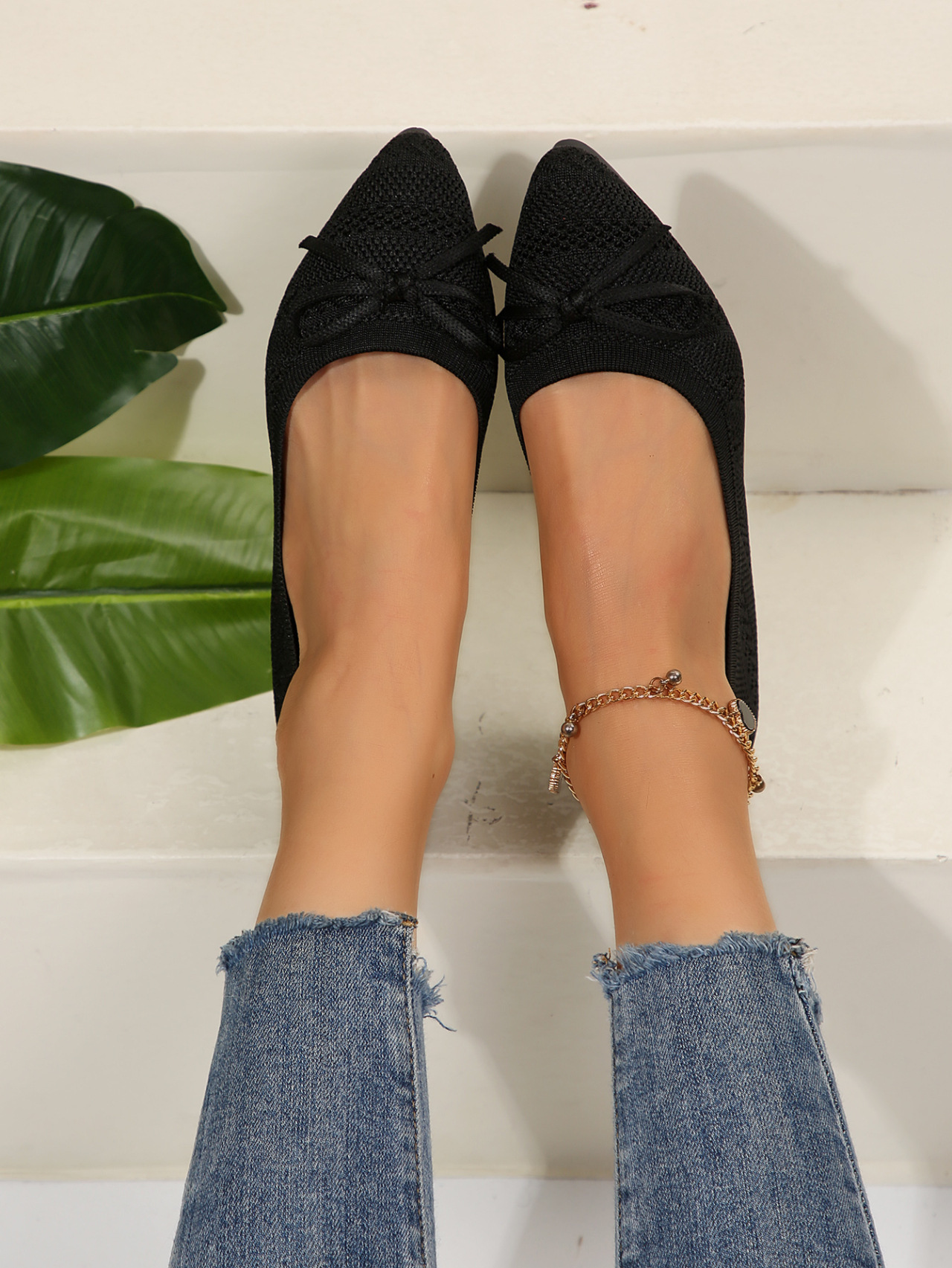 Knit Bow Ballet Flats in Black