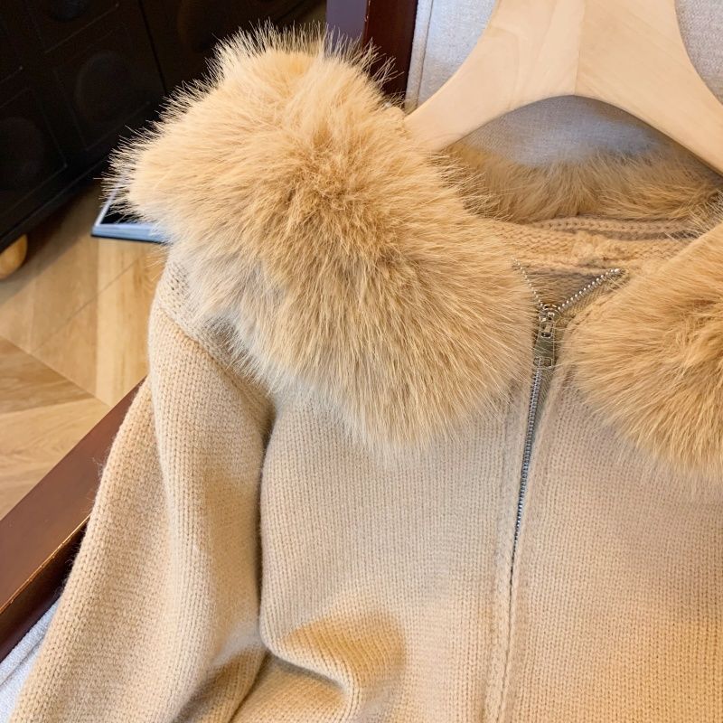 Fur-Collar Hooded Knit Cardigan - Image 3