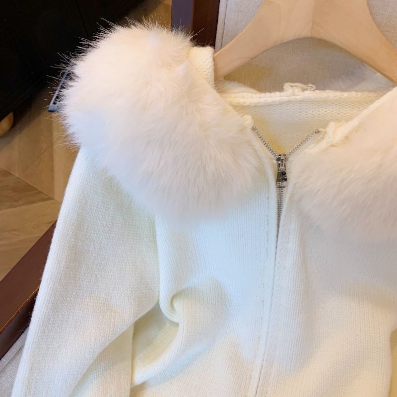 Fur-Collar Hooded Knit Cardigan - Image 4