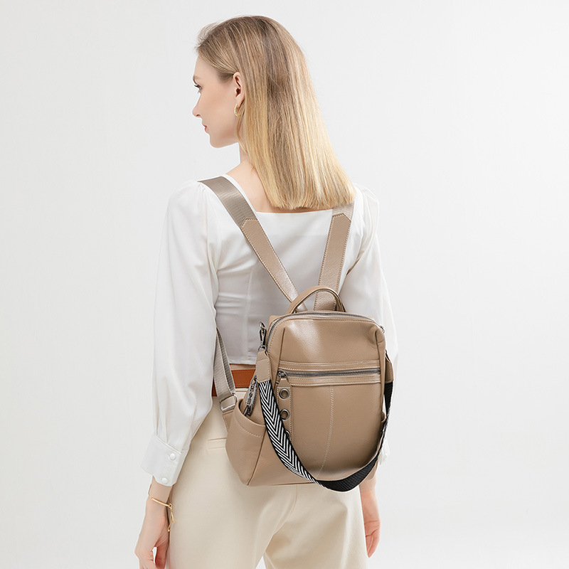 Khaki compact backpack worn on the back