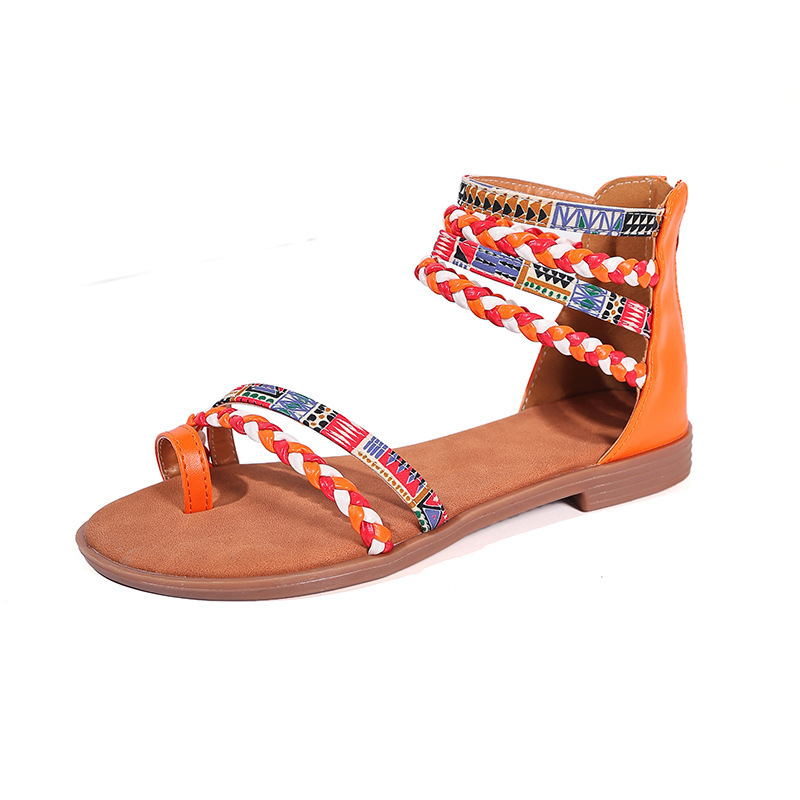 Woven Strap Zip-Back Sandals in Orange Red
