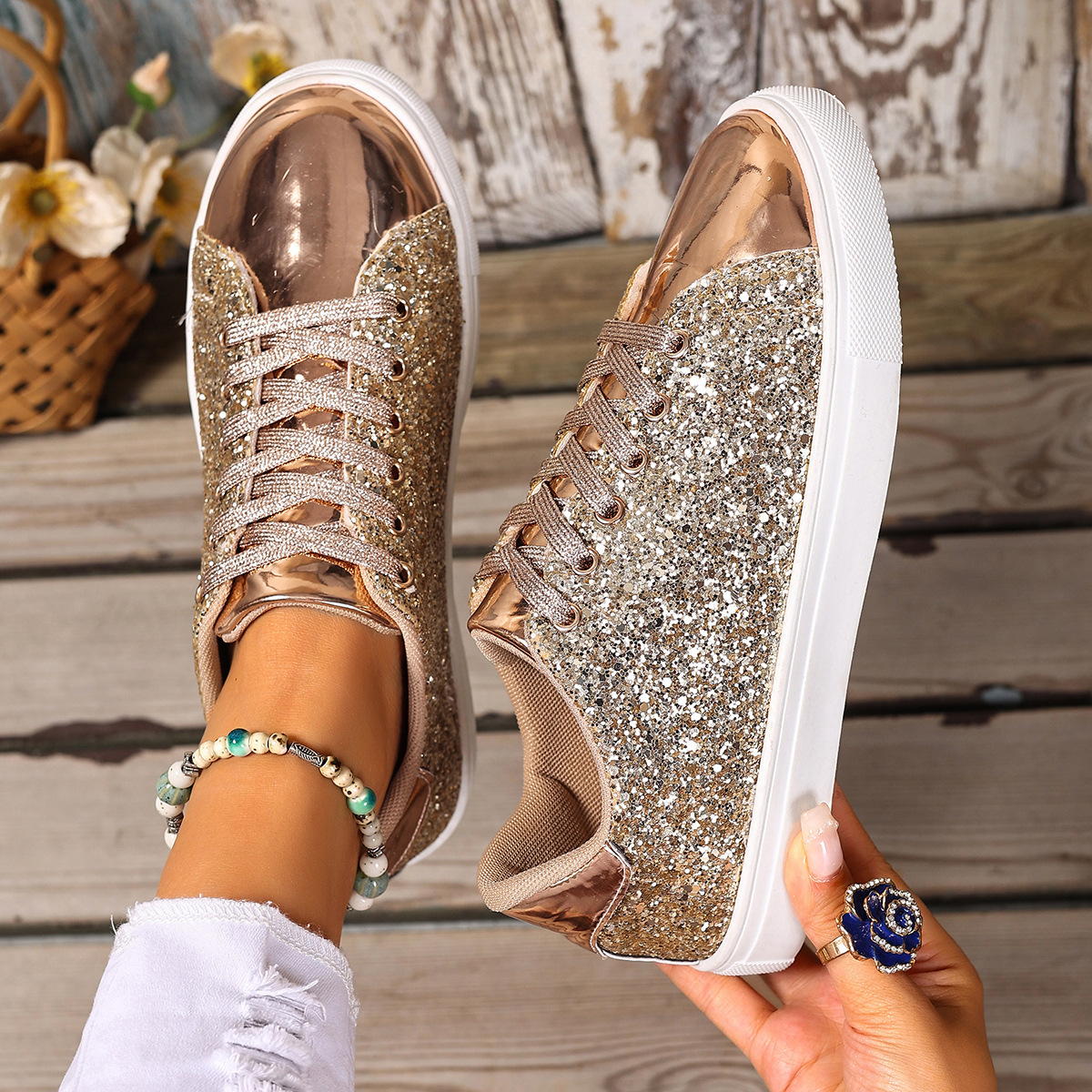 Sequin Lace-Up Sneakers in Gold