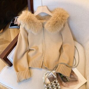 Fur-Collar Hooded Knit Cardigan